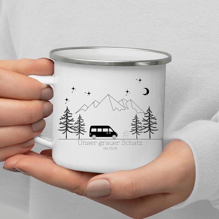 Емальована кружка Маленька Матильда, барвиста персоналізована кемпінгова кружка з іменем для кемперів, кавова кружка, аксесуар для караванів, кружка з нержавіючої сталі, подарунок для кемперів (чорний колір для кемперів)