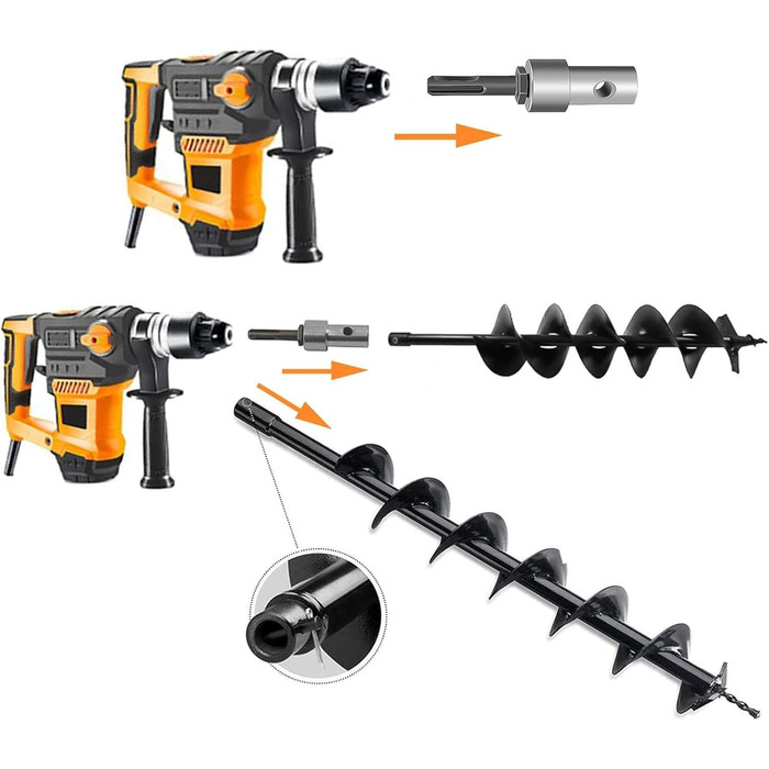 Буровий інструмент для саду та городу 800 мм, сталевий, з запобіжним болтом та адаптером SDS. Спіральний бур для стовпів, свердловини та земляних робіт (800 мм x 120 мм), чорний.