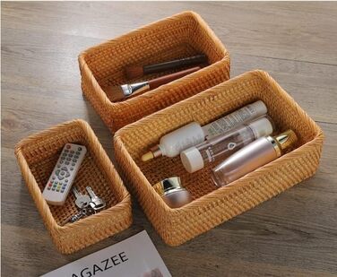 Кошики для зберігання з натурального ротанга, прямокутні плетені кошики для фруктів, органайзери для плетених кошиків для ванної кімнати, вітальні (комплект з 3 шт.)