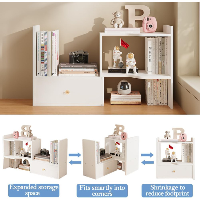 Розсувна настільна книжкова полиця, окремостояча, регульована, офісна полиця для зберігання речей, органайзер для столу, настільна книжкова полиця для офісу та дому (біла)