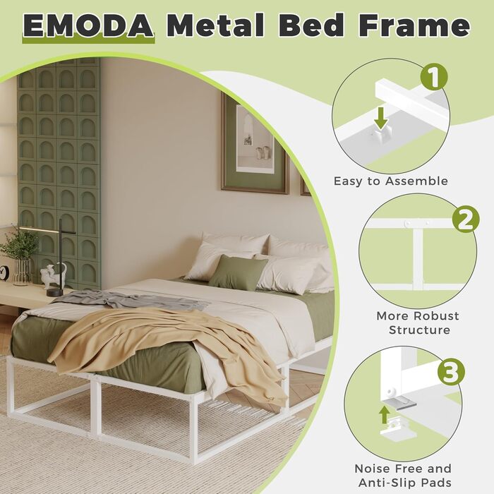 Каркас ліжка EMODA 120 x 200 см з рейковою основою, двоспальне ліжко заввишки 36 см, багато місця для зберігання, міцне металеве ліжко, легке складання, безшумне, біле 120 x 200 см