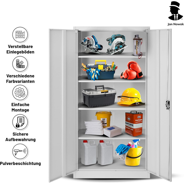 Металева шафа Jan Nowak Jan 185 x 90 x 40 см - Металева шафа для документів, що замикається, з 2 дверима, багатофункціональна шафа з 5 полицями, офісна шафа зі сталі з порошковим покриттям - сіра 185 см x 90 см x 40 см