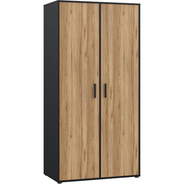 Гардероб Forte Jupiter 95, Шафа в індустріальному стилі з 2 дверима, Інженерна деревина, Декор дуба/Чорний, 94,7 см завширшки, 190,5 см заввишки, 52,7 см завглибшки