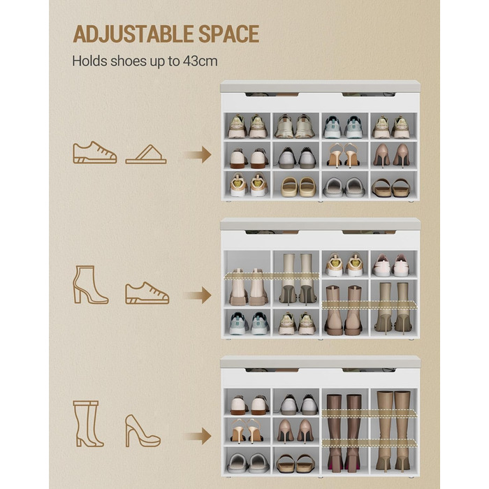 Лавка для взуття Hzuaneri, полиця для взуття із сидінням, лавка для зберігання, 12 відділень, знімні полиці, підходить для вітальні, коридору, входу, 30 x 100 x 55 см, білий SB53503GY