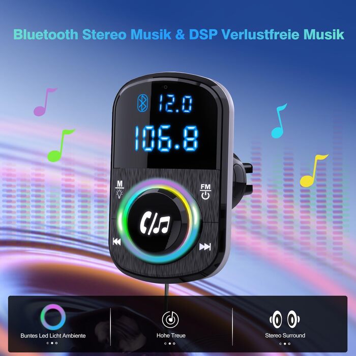 Автомобільний адаптер Bluetooth GizmoVine, FM-передавач Bloototh Handsfree для автомобільного радіо, підтримка мобільного телефону гучного зв'язку, швидка зарядка, музичний MP3-плеєр, SD-карта з вимикачем світла BC71 48 Вт кабель чорний