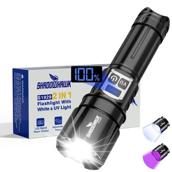 Акумуляторний ліхтарик Shadowhawk 2-в-1 зі світлодіодним/УФ-підсвічуванням та подвійним перемикачем Надзвичайно яскравий ліхтарик 500 000 люменів з чорним УФ-підсвічуванням для інспекції/кемпінгу/використання на свіжому повітрі, плавне регулювання яскраво