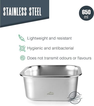 Контейнер для харчових продуктів квадратний, нержавіюча сталь 18/10, 650 мл. Підходить для мікрохвильової печі, духовки, морозильної камери та посудомийної машини, герметичний, з 4 затискачами, не містить BPA., 64613 Ecoinox