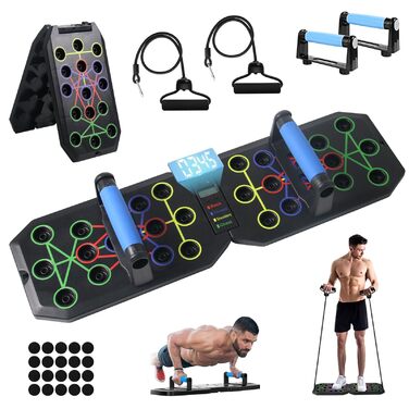 Дошка для віджимань, віджимання з ручкою та таймером відліку, складна багатофункціональна фітнес-дошка, дошка для тренувань віджимань з 2 еластичними канатами опору для тренування м&39язів та фітнесу