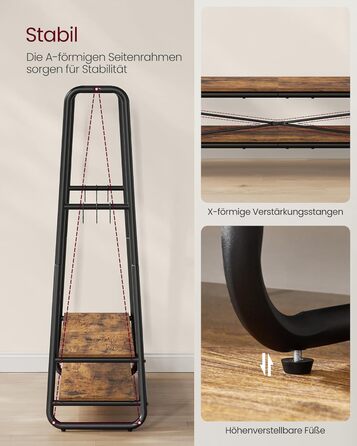 Вішалка для одягу, вішалка для пальто, шафа, 2 полиці, 6 S-подібних гачків, сталевий каркас, 45 x 138 x 160 см, для спальні, коридору, передпокою, вінтажний коричнево-чорний RGR119B01 138B см Вінтажний коричневий чорний