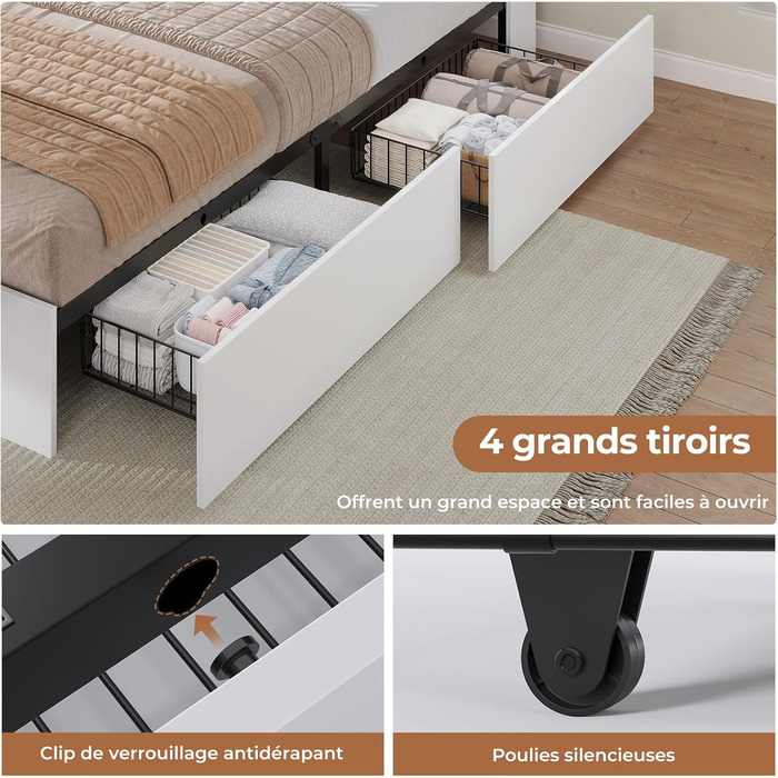 Ліжко AOGLLATI 140200 см, М&39яке ліжко із зарядною станцією та світлодіодним освітленням, Двоспальне ліжко з місцем для зберігання речей та узголів&39ям для зберігання речей, 4 шухляди, Рейкова основа, без матраца (для матраца 140 x 200 см), Білий 140 x 