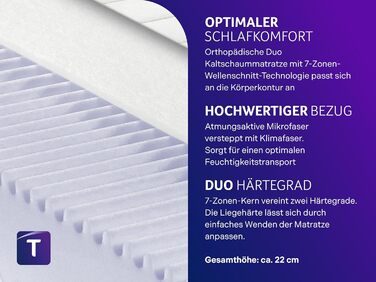 В 1 Duo - ортопедичний 7-зонний матрац з холодної піни, рівень жорсткості 2 та 3, сертифікований Oeko-Tex, 90 x 200 см, висота 22 см, виготовлено за німецькими стандартами якості 22 см 90 x 200 см, 2