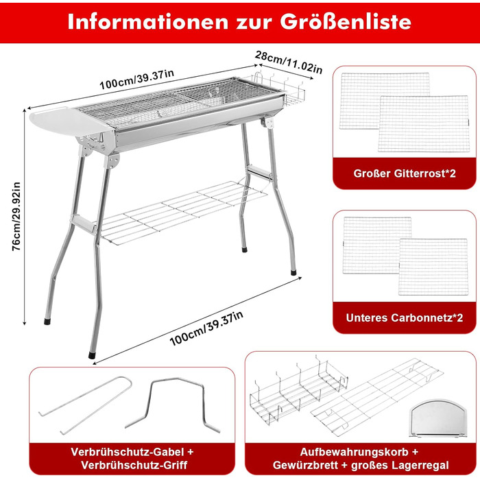Вугільний гриль для кемпінгу, складаний переносний гриль з решіткою, для пікніків, саду, вечірок, сімейного барбекю. Розмір 73x28x76 см, розрахований на 4-8 осіб.