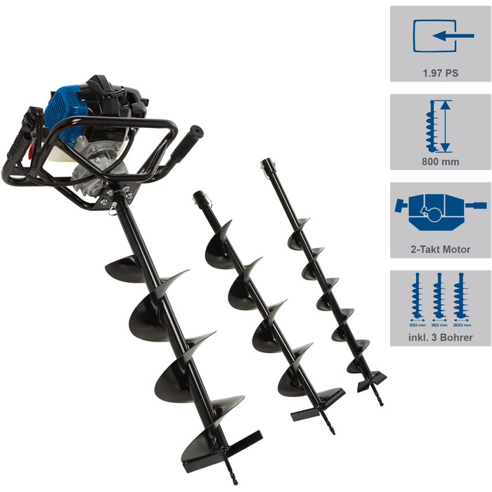 Бензиновий Бур для Землі Бур для Ям, Бур для Стовпів, Садовий Бур Довжина Бура 800 мм Зручний з Двома Ручками Потужність 1450 Вт Максимальний Діаметр Буріння 200 мм В Комплекті Бури 100, 150, 200 мм, 2000