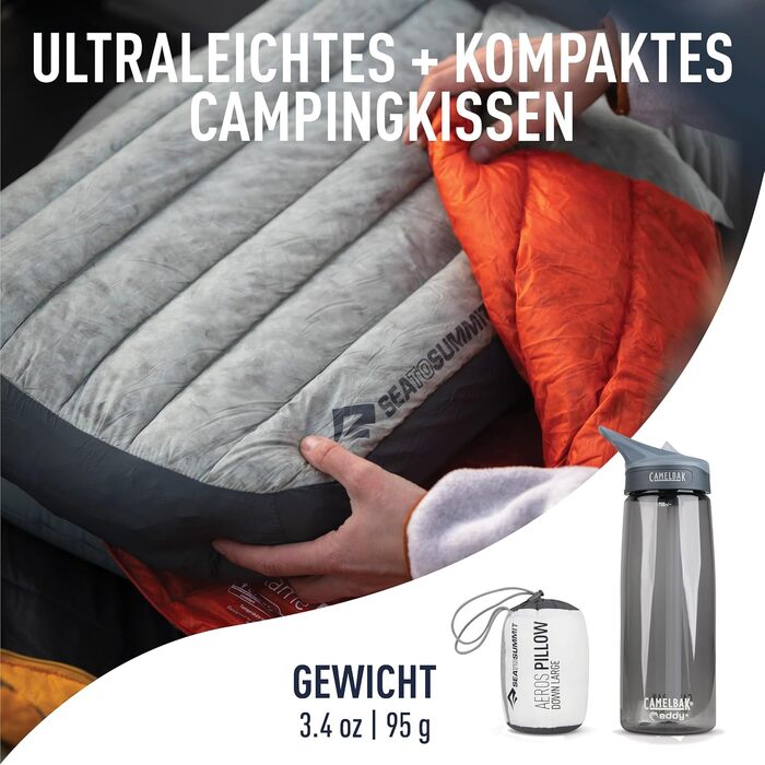 Дорожня подушка Aeros Down L - Ультралегка та надувна - Матеріал 10D - Преміальна пухова подушка - Нековзка - Для походів та кемпінгу - 42 x 28 x 12 см - Сіра - 95 г Велика сіра