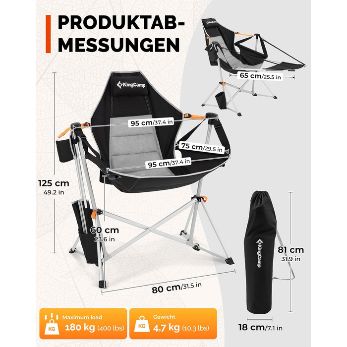 Легке крісло-гойдалка для кемпінгу KingCamp, складне крісло-гойдалка для кемпінгу з 3 регульованими спинками, розкладне вуличне крісло-гойдалка з тримачем для напоїв, підвісне крісло-гойдалка для використання в приміщенні, вітальня, сад, патіо, чорне з пі