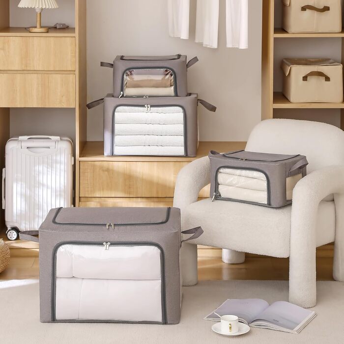 Коробка для зберігання одягу з 2 предметів, складна коробка для зберігання одягу з металевим каркасом та 3 віконцями, сумка для зберігання ковдр, пледів та одягу, сіра (24 л) 2 предмети - сірий - 24 л
