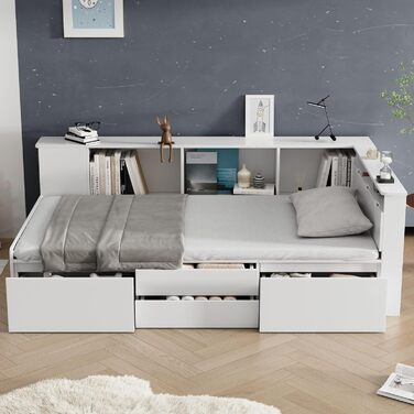 Односпальне ліжко Aoskem дитяче ліжко ліжко 90x200 ліжко з ящиками для зберігання та шафою для зберігання та книжковою полицею, де