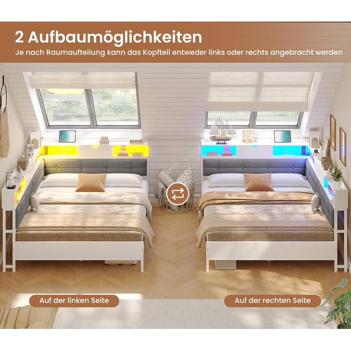 М&39яке ліжко-диван-ліжко 140x200 з 6 відділеннями для зберігання Дитяче ліжко 140x200 зі світлодіодним освітленням Кушетка з розетками Гостьове ліжко Каркас ліжка з металевою рейковою основою, матрац не входить до комплекту (білий) 140x200 см Білий