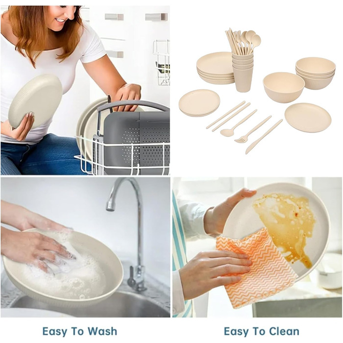 Набір посуду на 4 особи, небємий тарілки, миски та чашки. Зручна коробка для зберігання, можна мити в посудомийній машині та використовувати в мікрохвильовій печі. Ідеально підходить для дому, кемпінгу, пікніків.