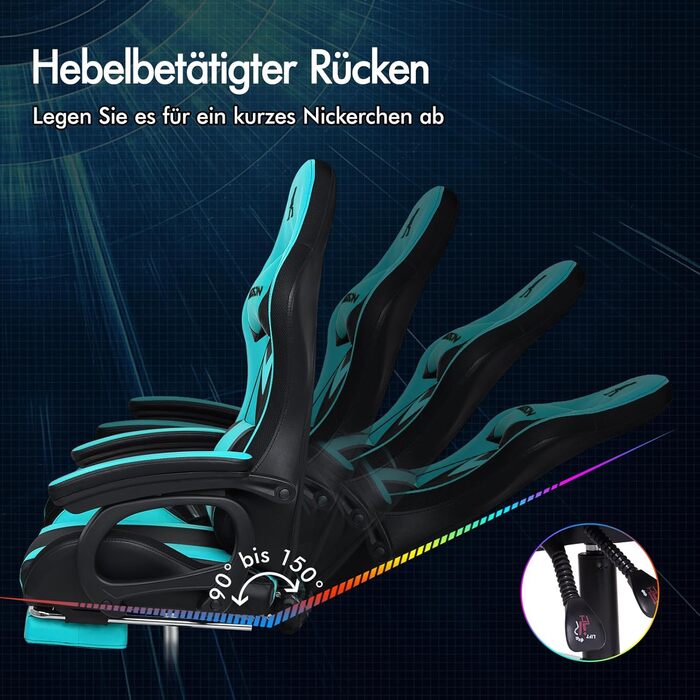 Ігрове крісло ALFORDSON, світлодіодне гоночне ігрове крісло з 12-кольоровим RGB-підсвічуванням, масажне ігрове крісло з поперековою опорою, підставкою для ніг, матеріал PU, блакитний колір Marc - серія Cyan Marc