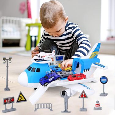 Іграшка deAO Transport Airplane, 19-елементний транспортний вантажний літак з ігровим набором для автомобілів та дорожніми знаками для вертольотів, ігровий набір "Зроби сам" з рампою для дітей віком 2-3 роки, хлопчиків та дівчаток