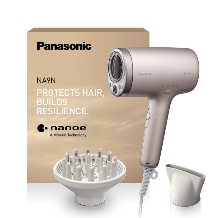 Фен для волосся Panasonic EH-NA9N-E825 nanoe та мінеральними іонами захист від пошкоджень, швидке сушіння, інтелектуальні сенсори, режими для шкіри голови та обличчя, концентратор, 1600 Вт, колір Greige (2025)