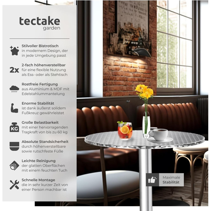 В-1 розкладний стіл Ø 60 см, бістро-стіл, розкладний балконний стіл, алюмінієвий барний стіл, стіл з регульованою висотою 75 см / 115 см, стіл для вечірок, круглий обідній стіл, садовий стіл, розкладний стіл - сріблястий 75/115 см / Ø вертикальної труби 5