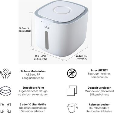 Контейнер для зберігання зерна Yum Asia (5 літрів) Білий із сірим обідком Безпечні матеріали ABS Зберігає рис, зерно, борошно, макарони, горіхи, боби тощо Подвійне закриття Штабелюється