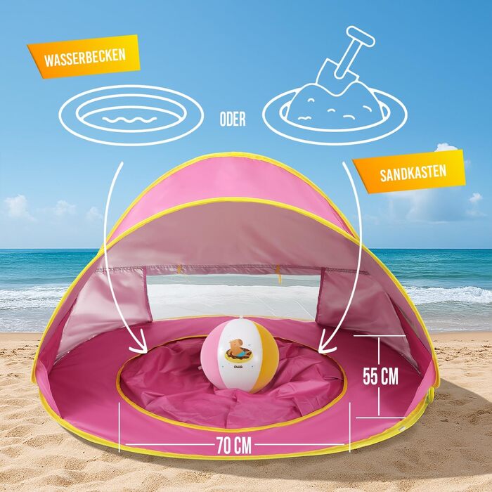 Розкладний пляжний намет Портативний пляжний намет із захистом від ультрафіолету та вітру Пляжний м&39яч, вбудована пісочниця, басейн Кишені для зберігання речей, вікно на блискавці для 2 осіб Рожевий