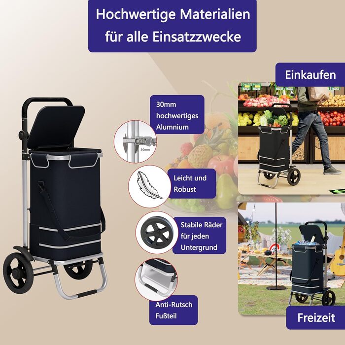 Великий візок для покупок 64л, складаний візок-сумка на колесах, вантажопідйомність до 60кг, візок з термовідсіком, візок з відбивачем, ручний візок з чіпом для покупок, Чорний