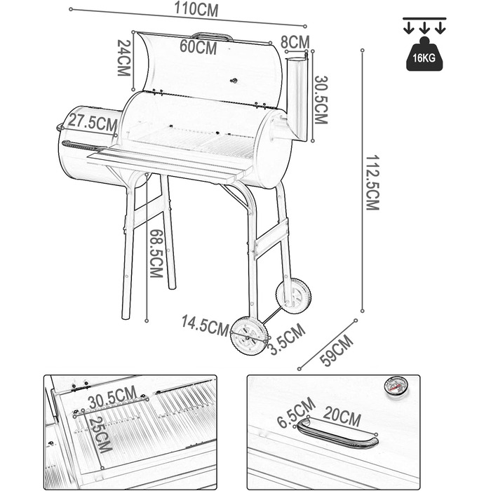 Вугільний гриль Laneetal з кришкою та візком на колесах, металевий садовий гриль з робочою поверхнею для кемпінгу та відпочинку на природі, чорний