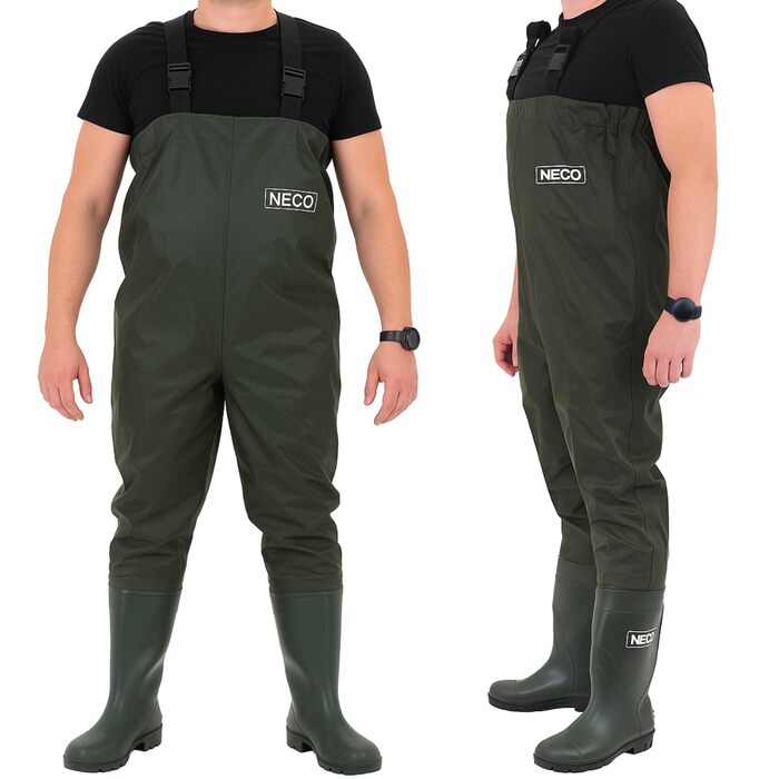Водонепроникні вейдерси NECO з чобітьми, унісекс рибальські штани з ПВХ з регульованими ремінцями, штани для ставка, штани для захисту від повені для рибалок, сільського господарства, садівництва та обслуговування водотоків, розмір 46