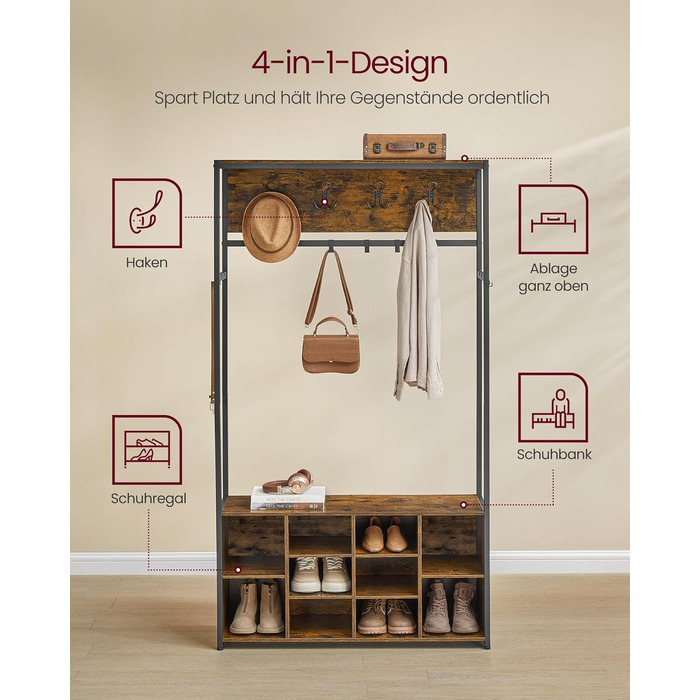 Вішалка для одягу, Шафа, Меблі для передпокою з полицею для взуття, Відкриті відділення, Гачки для одягу, Регульовані полиці, Індустріальний стиль, для передпокою, вхідної зони, Вінтажний коричневий-чорний HSR432K01 Вінтажний коричневий чорнильний