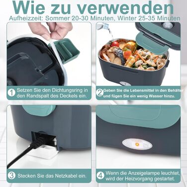 Електричний ланч-бокс потужністю 80 Вт для дорослих, термобокс із сумкою, виделкою та ложкою з нержавіючої сталі та 2 контейнерами для їжі об&39ємом 1,5 л, 3-в-1 12/24/110230 В, герметичний, електричний ланч-бокс для автомобіля, вантажівки, офісу, синій, 