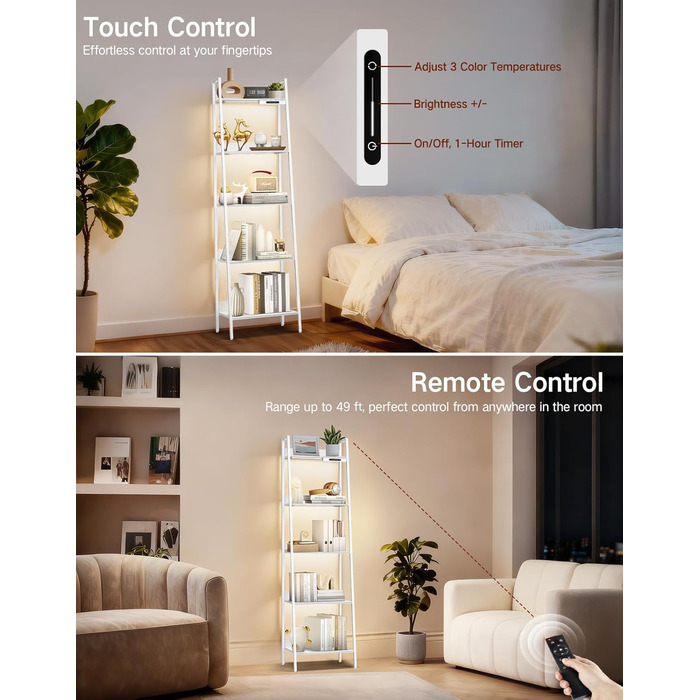 Ярусна вузька полиця-драбина зі світлодіодним підсвічуванням, сенсорним керуванням та дистанційним керуванням, 3 колірні температури, висока окремостояча полиця з регульованою яскравістю, виготовлена з металу та дерева для вітальні, спальні, офісу, біла, 