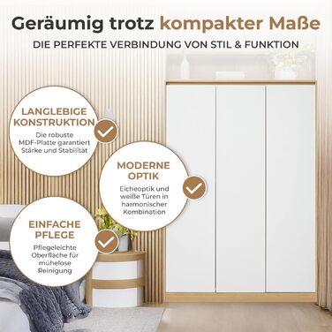Шафа Bastheim, 3-дверна шафа, 176 x 120 x 52 см, Шафа для спальні з 1 рейкою для одягу та 4 полицями, колір дуба/білий, 176 x 120 x 52 см - 4 полиці