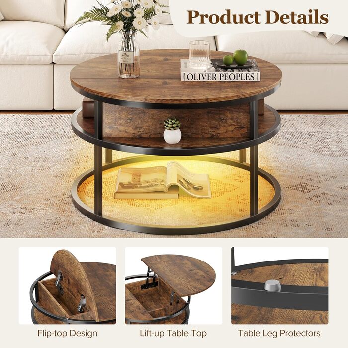 Круглий журнальний столик Dripex, діаметр 81 см, регульований по висоті бічний столик із прихованим місцем для зберігання, вітальня з підйомною стільницею, журнальний столик, дерев&39яний стіл для вітальні, офісу 80*80*47
