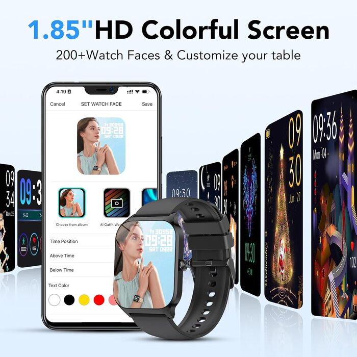 Розумний годинник CASCHO для жінок та чоловіків, 1,85-дюймовий HD-розумний годинник, 115 режимів, фітнес-трекер із Bluetooth-дзвінками, водонепроникний крокомір IP68 із функцією очікування до 30 днів для iOS та Android, сяючий чорний колір