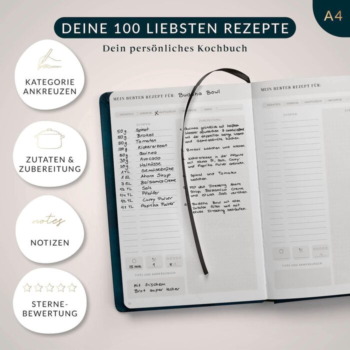 Книга рецептів Life Compass формату A4 для написання власних рецептів ПЕРЕЦЬ з плакатом сезонного календаря - тверда обкладинка Улюблені рецепти - кулінарна книга своїми руками для себе або на подарунок