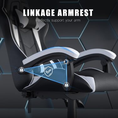Геймерське крісло, ергономічне крісло з високою спинкою, шкіра синтетична, регульований підголівник та поперекова підтримка, кут нахилу 155, металевий каркас, плавно обертаються колеса, регулювання висоти, чорно-білий колір
