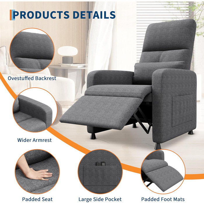 Крісло-реклайнер Acekool, масажне крісло, крісло для телевізора з електричним регулюванням та функцією відкидання, функція масажу та підігріву, крісло для читання, крісло для телевізора, крісло для вітальні, сіре електричне крісло-реклайнер