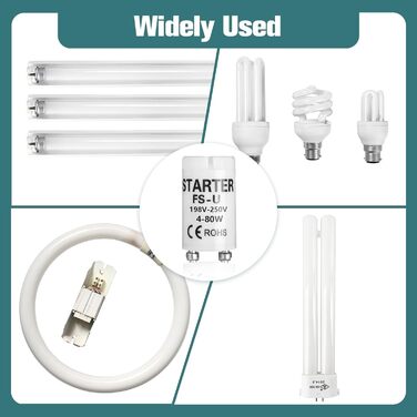 Універсальний стартер Rumgug 6 шт. для люмінесцентних ламп і світлодіодів, FS-U 4-80 Вт, 198-250 В, ефективне запалювання для одного контуру (Набір B)