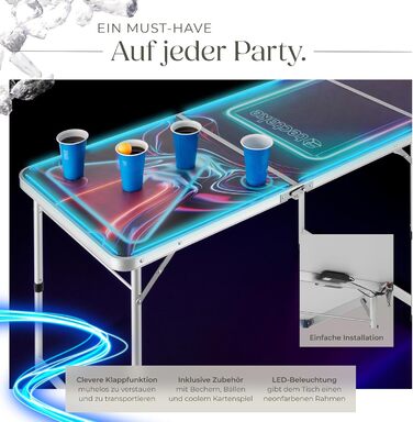 Стіл для пивного понгу tectake з декорацією для вечірки, світлодіодним освітленням, стіл з регульованою висотою, розкладний стіл, комплект з аксесуарами, стіл для пивного понгу, 100 пластикових стаканчиків, 6 м&39ячів та карткова гра з напоями BeerWars I