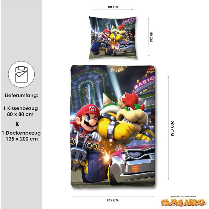 Дитячий двосторонній комплект постільної білизни Super Mario Kart - Постільна білизна для хлопчиків 135x200 80x80 см з 100 бавовни