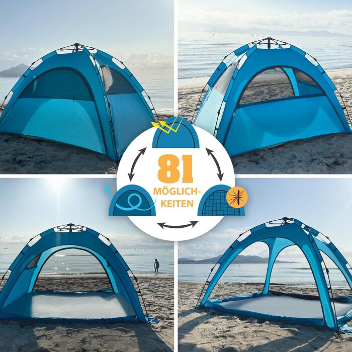 Намет для активного відпочинку SunSnapper Air - UV 80, що швидко розкладається, з 4 дверима та 3 вікнами, швидко встановлюється або автоматично встановлюється, замикається, із захистом від ультрафіолету 80, екраном для приватності та захистом від комах