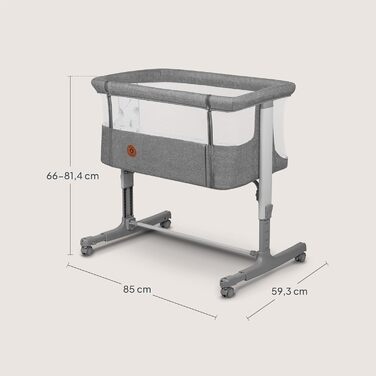 Дитяче ліжечко Lionelo Aurora 3-в-1 (до 9 кг), приліжкове ліжечко, колиска, регулювання висоти та нахилу матраца, 4 колеса з гальмами, ергономічний матрац, сумка для зберігання, сірий колір, великий розмір