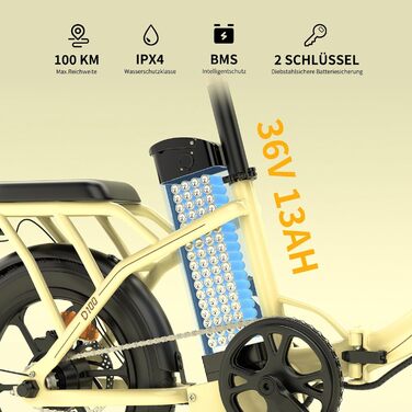 Складаний електровелосипед ESKUTE D100 16 x 2,5 дюйма, електричний велосипед для чоловіків та жінок, фетбайк зі знімним акумулятором 36 В 13 Аг, великий запас ходу до 100 км, складний педальний велосипед для дорослих, світло-жовтий, стандартний