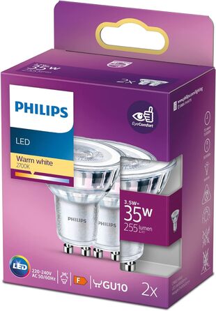 Лампи Philips LED Classic GU10 Warm Glow (50 Вт), світлодіодні плями з рефлектором з регулюванням яскравості та теплим білим світлом, енергозберігаючі лампи з тривалим терміном служби (35 Вт, 2 упаковки, теплий білий)