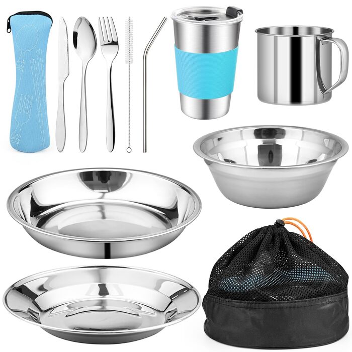 Набір столових приборів для кемпінгу, 10 предметів з нержавіючої сталі з тарілкою, мискою, чашкою, виделкою, ложкою та чохлом/сумкою для зберігання столових приборів, легкий для кемпінгу, походів та пікніків