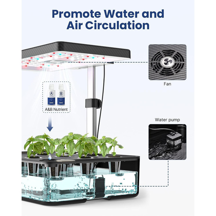 Гідропонна система вирощування iDOO, 12 стручків кімнатного травяного саду з автоматичним таймером, розумний сад зі світлодіодною лампою для рослин і вентилятором, регульований по висоті садовий набір трав, чорний